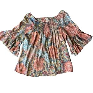 Spense Boho Peasant Multicolor Blouse with Bell Sleeves.size Medium. 40” Bust